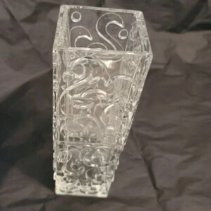 Square Crystal Clear Glass Vase with Swirl Scroll Dot Design 8" Tall